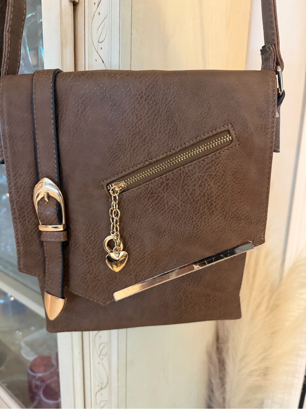 Brown Women's Crossbody Bag with Heart Charm